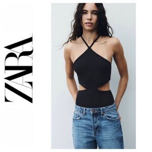 NWT Zara Black Ribbed Cutout Halter Neck Bodysuit, Size Small